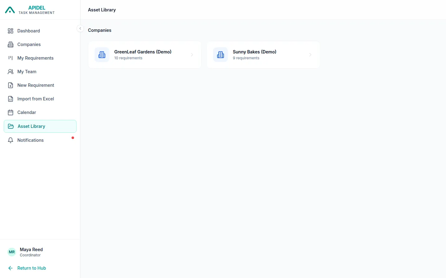 The Asset Library page with one box for each company