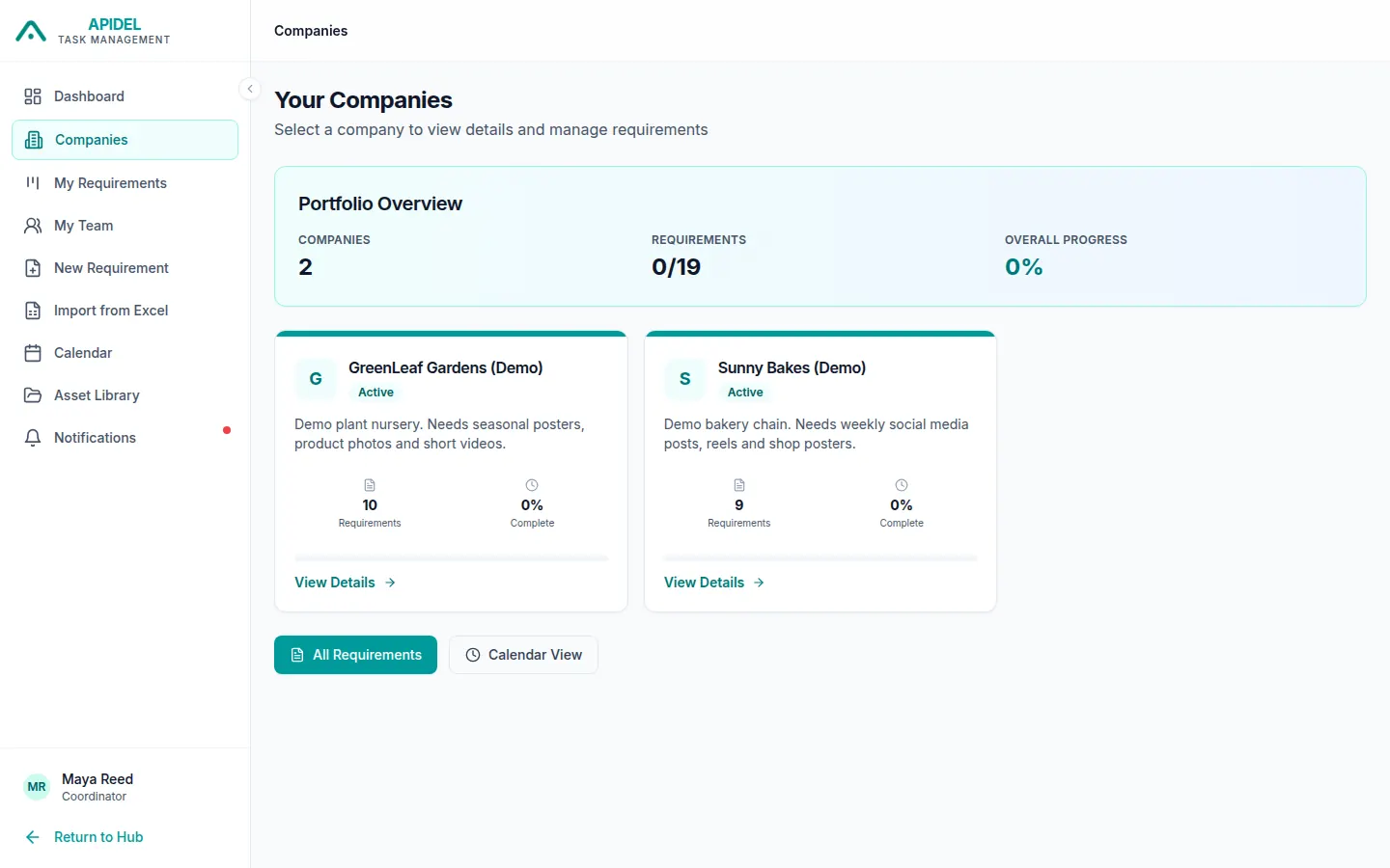 The Your Companies page with a card for each company