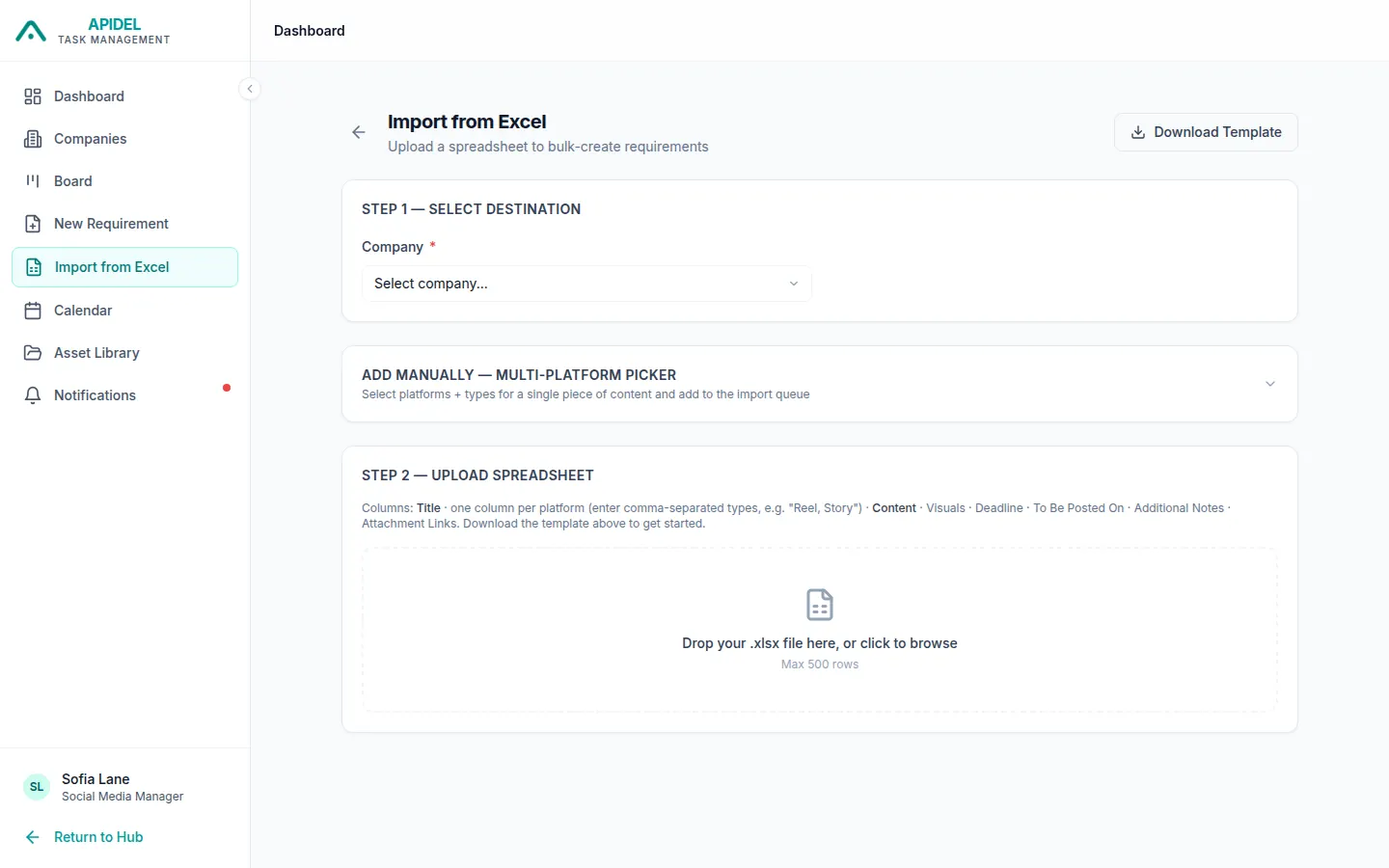 The Import from Excel page
