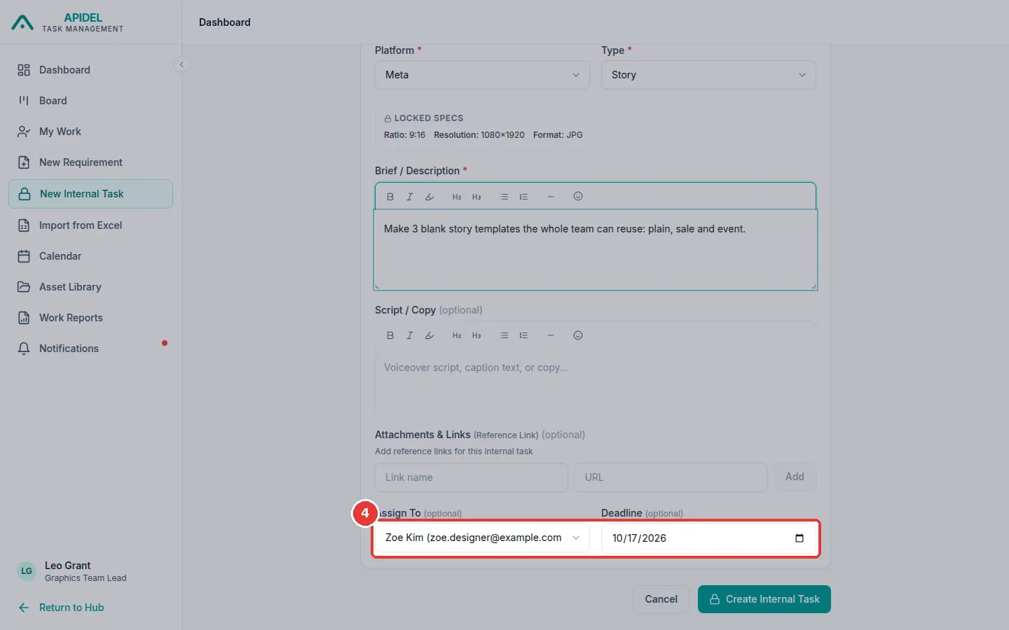 The full screen. The red box shows the Assign To and Deadline boxes.