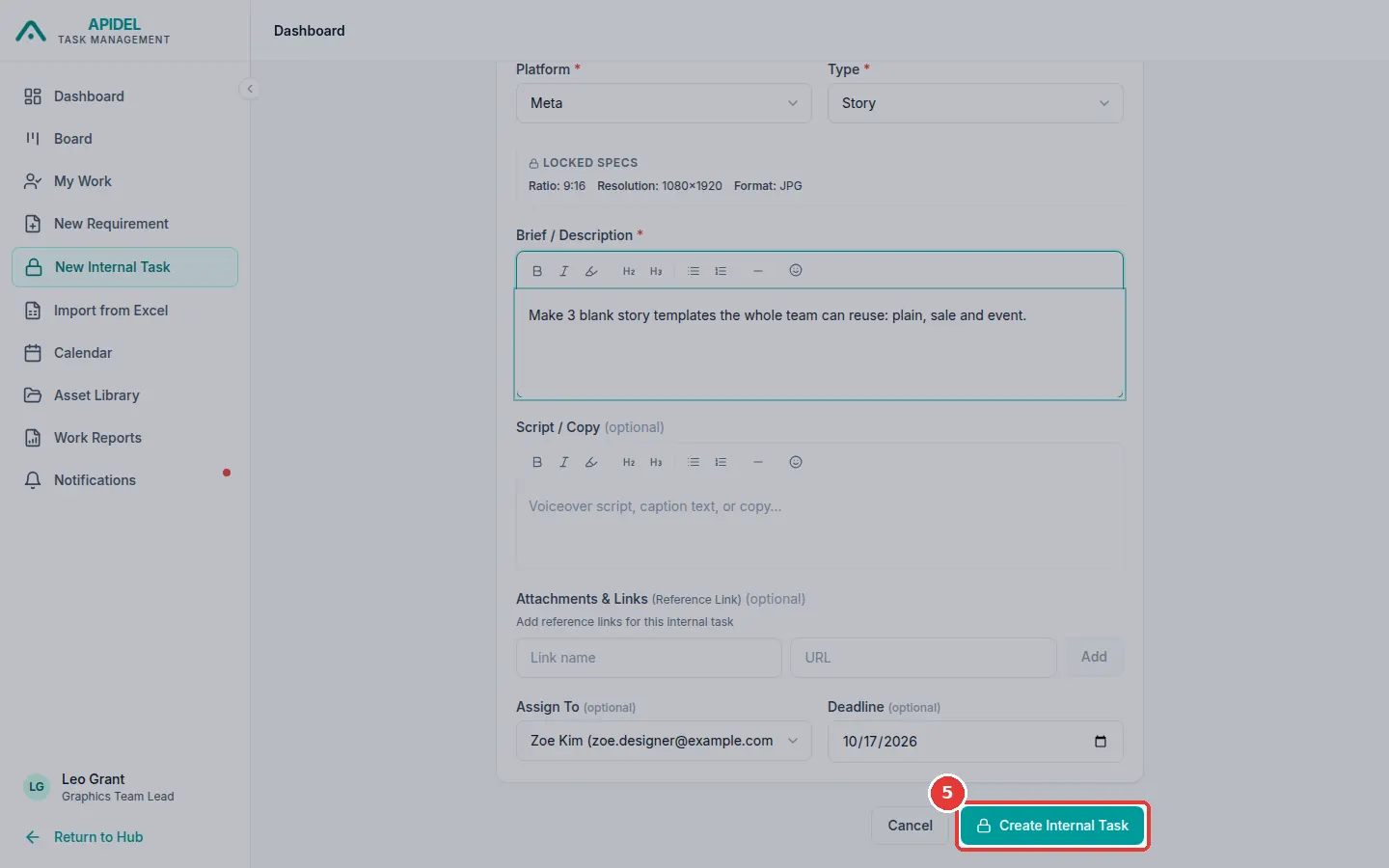 The full screen. The red box shows the Create Internal Task button.