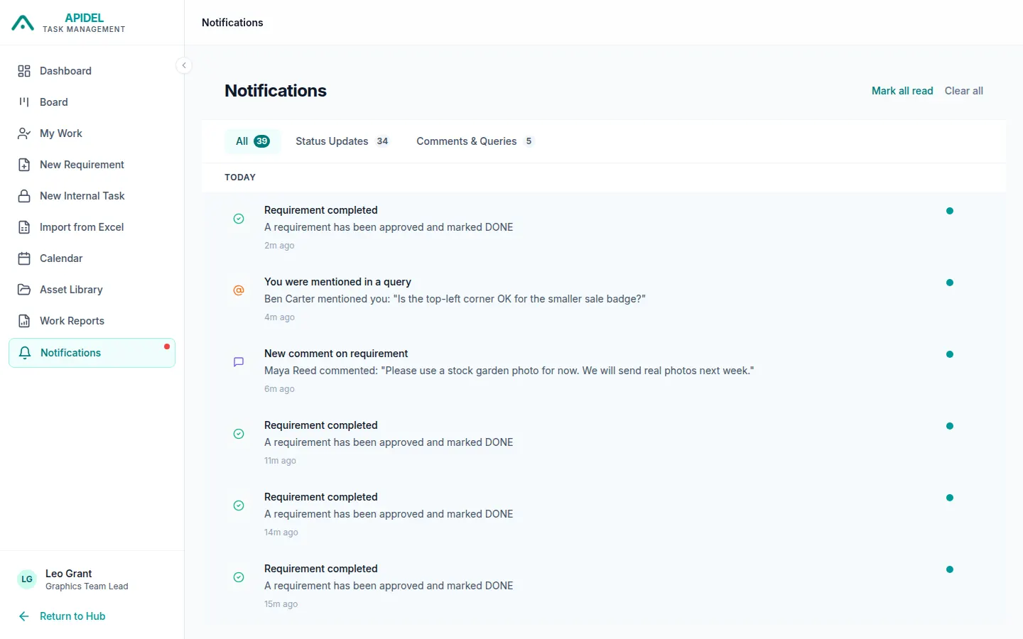 The Notifications page with a list of messages