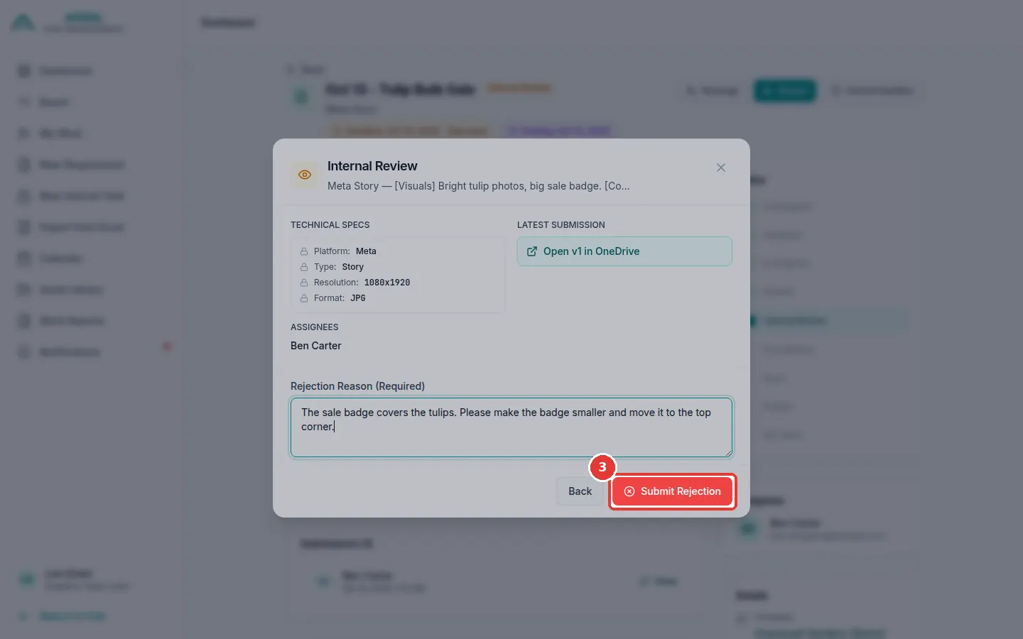 The full screen. The red box shows the Submit Rejection button.