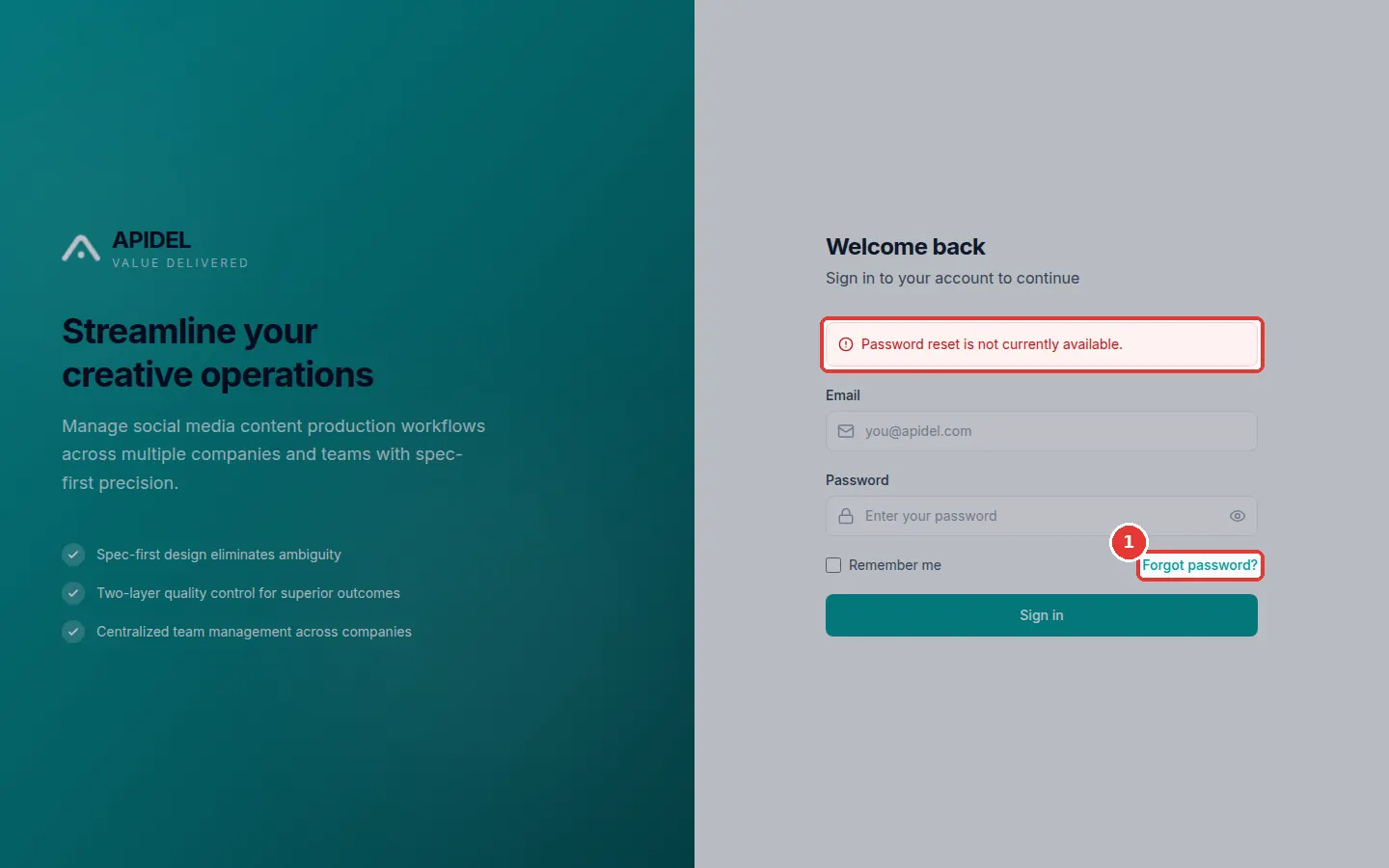 The full screen. The red box shows Forgot password? and the red message.