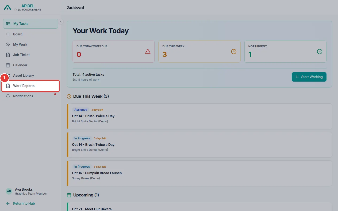The full screen. The red box shows the Work Reports button.