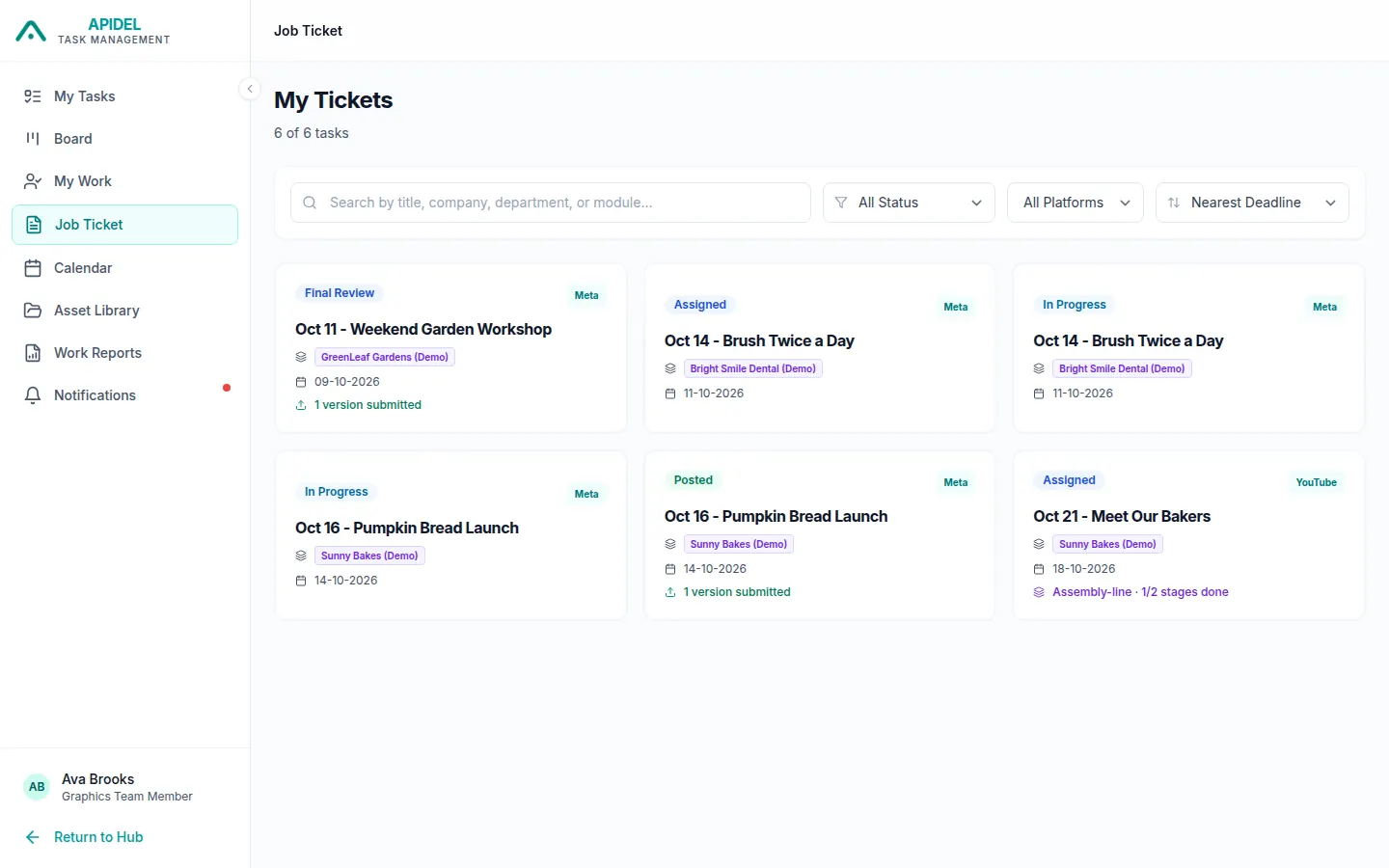 The My Tickets page with one card for each task